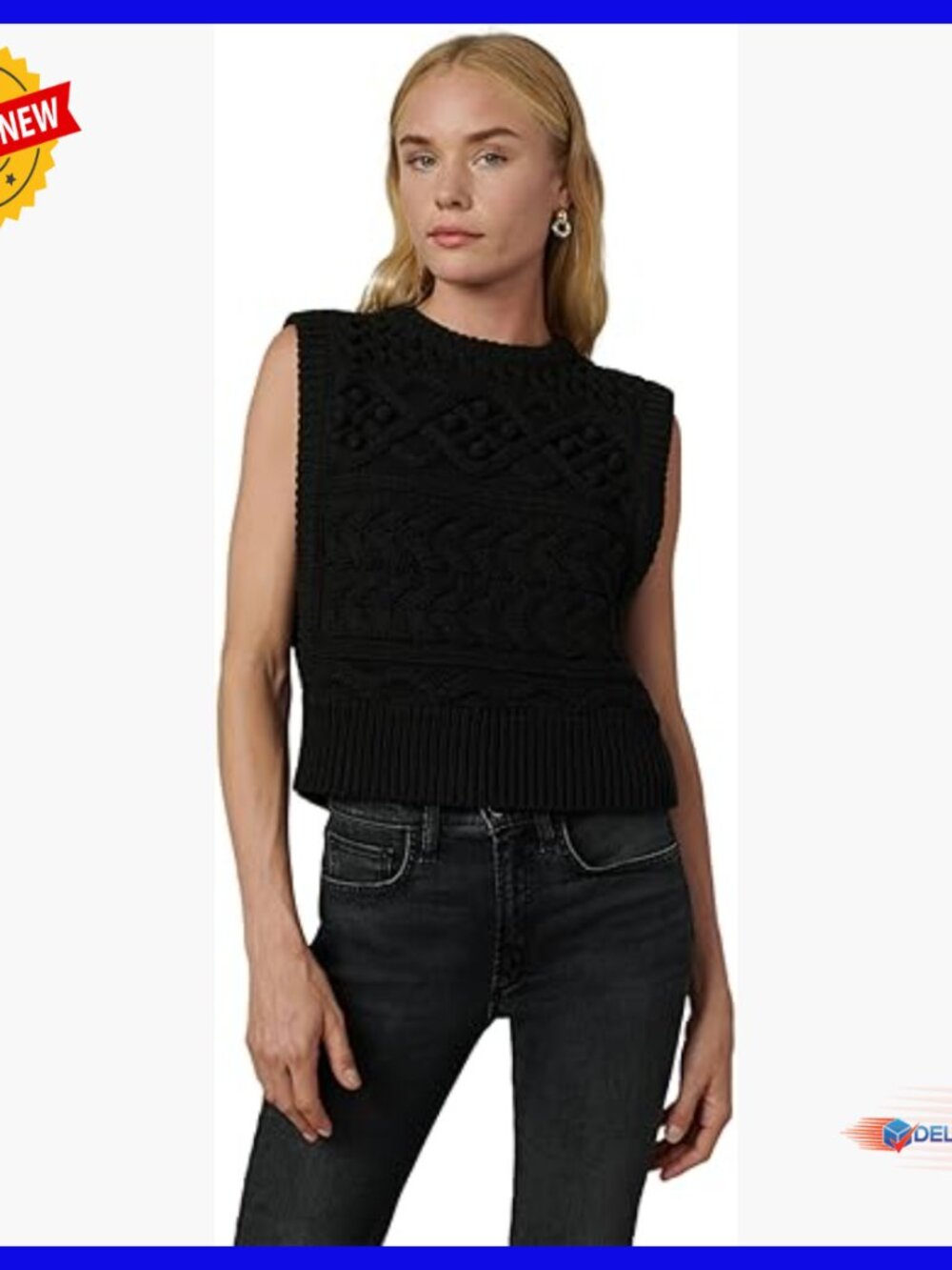 Sleeveless Sweater Vest, Chunky Cable Knit, Cotton Blend, Cropped Fit